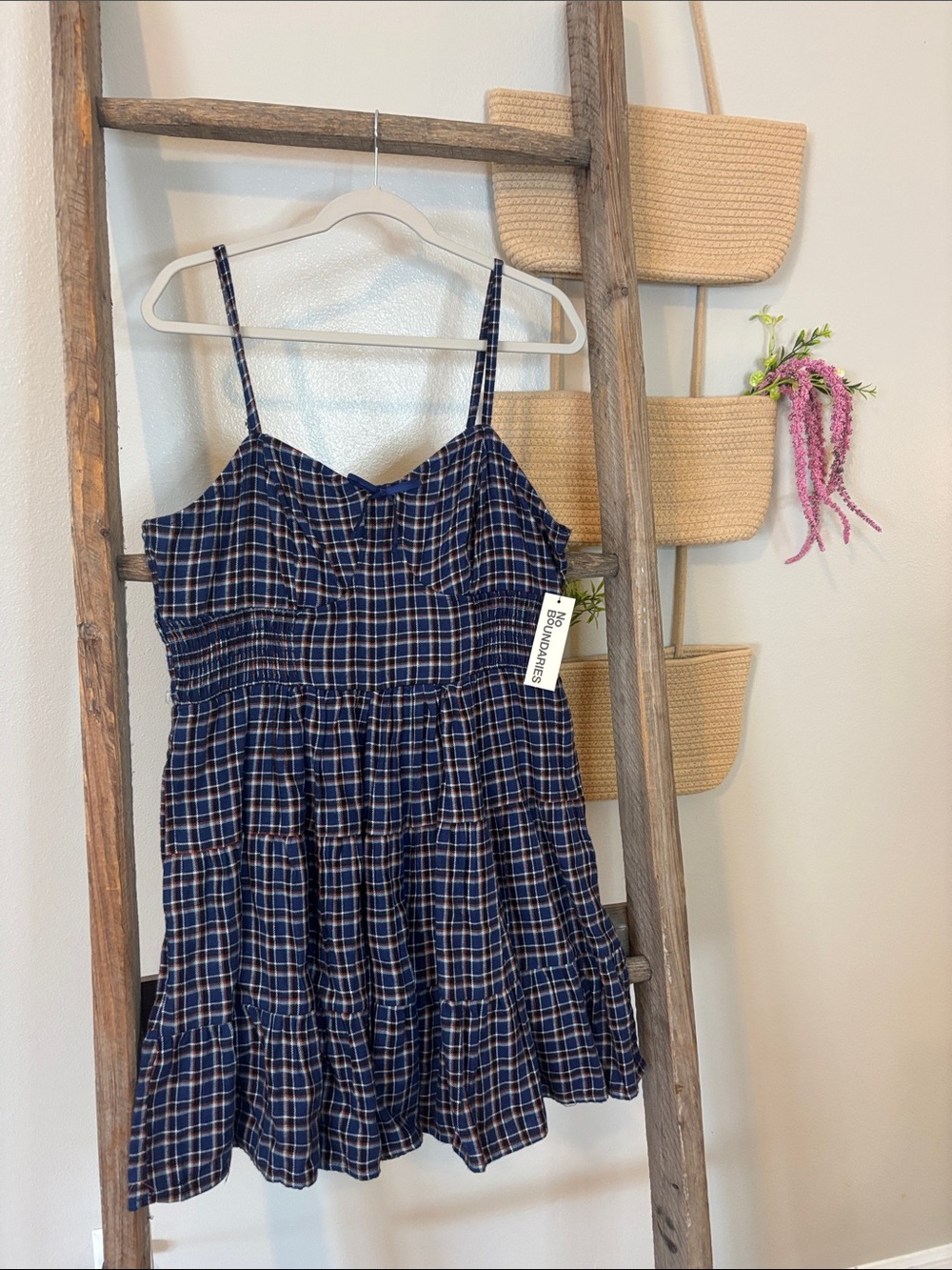 No Boundaries Navy Blue Plaid Flannel Dress